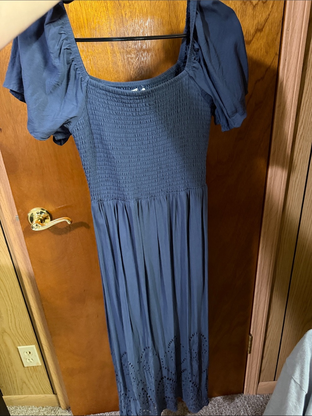 Maurices Navy Blue Smocked Maxi Dress with Puff Sleeves